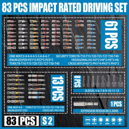 83-Piece YW080 Driver Drill Bit Set with S2-Labeled Bits, Nut Drivers, Holders and Storage Case