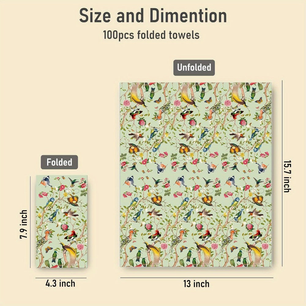 Vintage Floral Bird Paper Guest Napkins, 100-Piece Pack with 13 x 17 Inch Unfolded Watercolor Design
