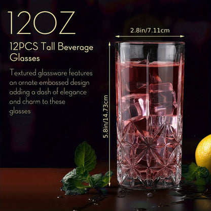 Twelve-Piece Textured Highball Glass Set with 12-Ounce Capacity and 5.9-Inch Tall Clear Design