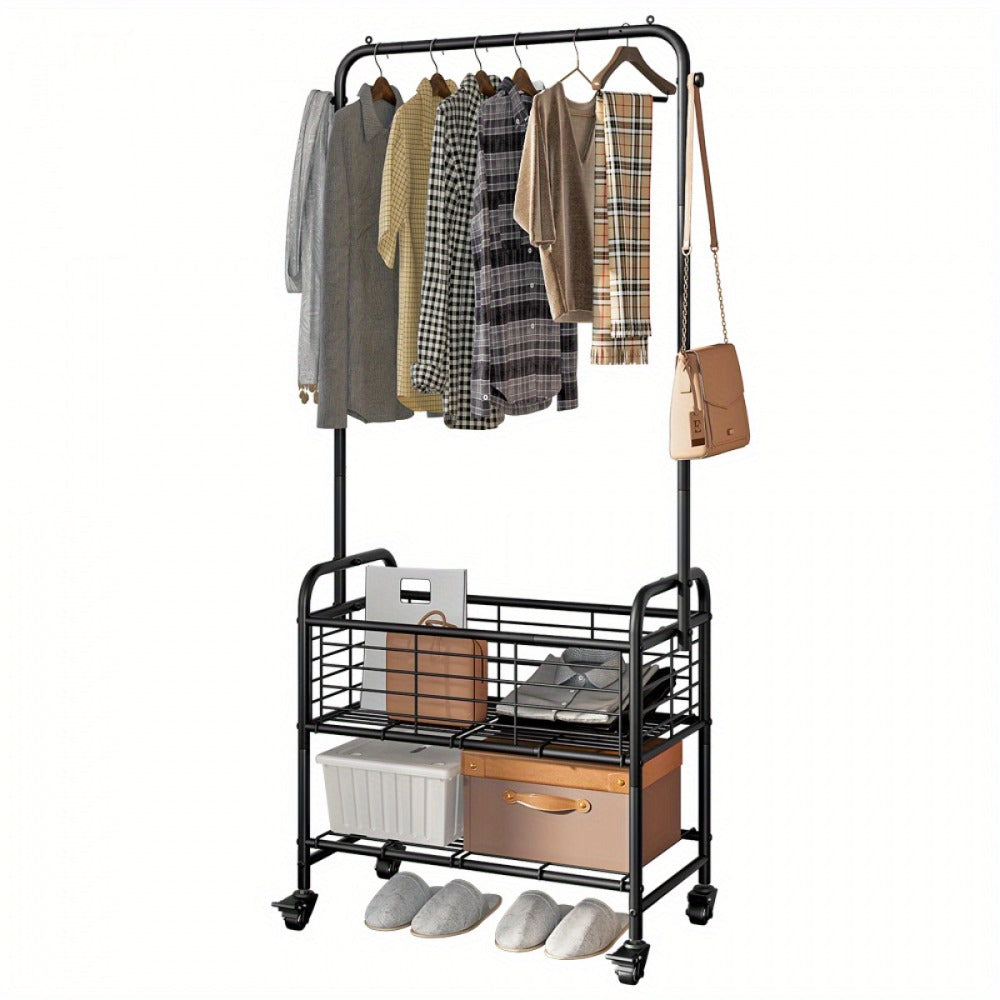 Rolling Laundry Basket Cart with 70.25-Inch Hanging Rail, Two Shelves, Four Casters and White, Black or Silver Frames