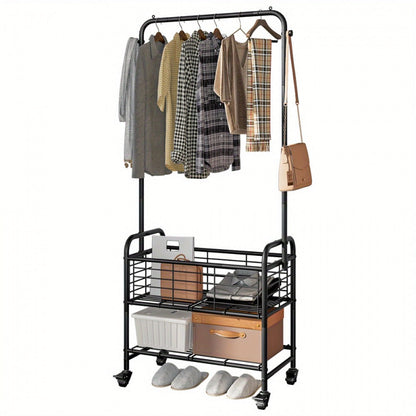Rolling Laundry Basket Cart with 70.25-Inch Hanging Rail, Two Shelves, Four Casters and White, Black or Silver Frames