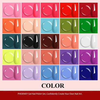 Gel Nail Polish Set with PHOENIXY Label, 30 Pieces with Base, Glossy, Matte and Glitter Top Coats