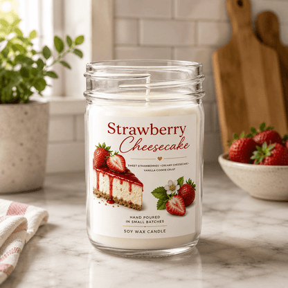 8oz Strawberry Cheesecake Candle in Clear Mason-Style Glass Jar with Black Screw Lid and Single Size