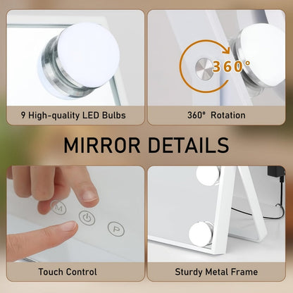 Lighted Makeup Mirror 5X Magnifying 9 LED Hollywood Vanity Mirror - 3 Color Lighting Modes, 360° Rotating, USB Powered Touch Control Tabletop Makeup Mirror for Women Desk Bedroom Gift