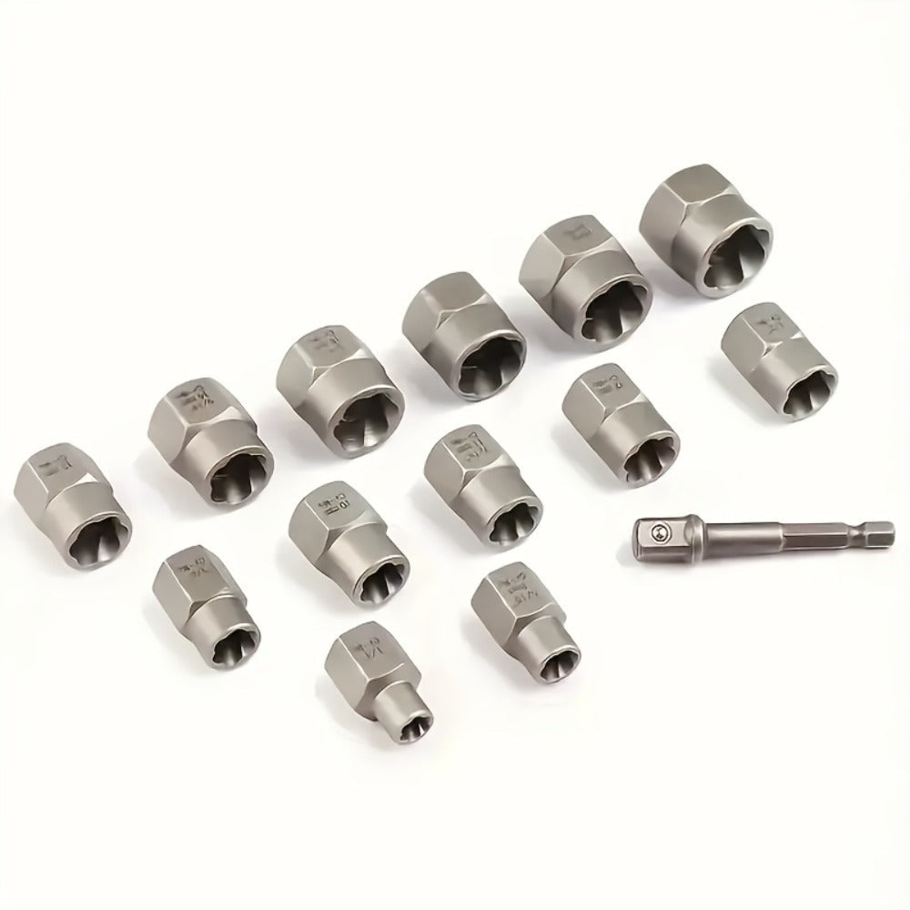 14-Piece Damaged Nut and Bolt Extractor Set with 13 Removal Sockets and 1/4- to 3/8-Inch Adapter