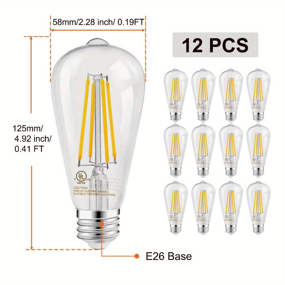 ST58 Vintage Edison LED Filament Bulbs, 8 W with Dimmable E26 Base and 2700 K Warm White, 12 or 24 Packs