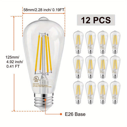 ST58 Vintage Edison LED Filament Bulbs, 8 W with Dimmable E26 Base and 2700 K Warm White, 12 or 24 Packs