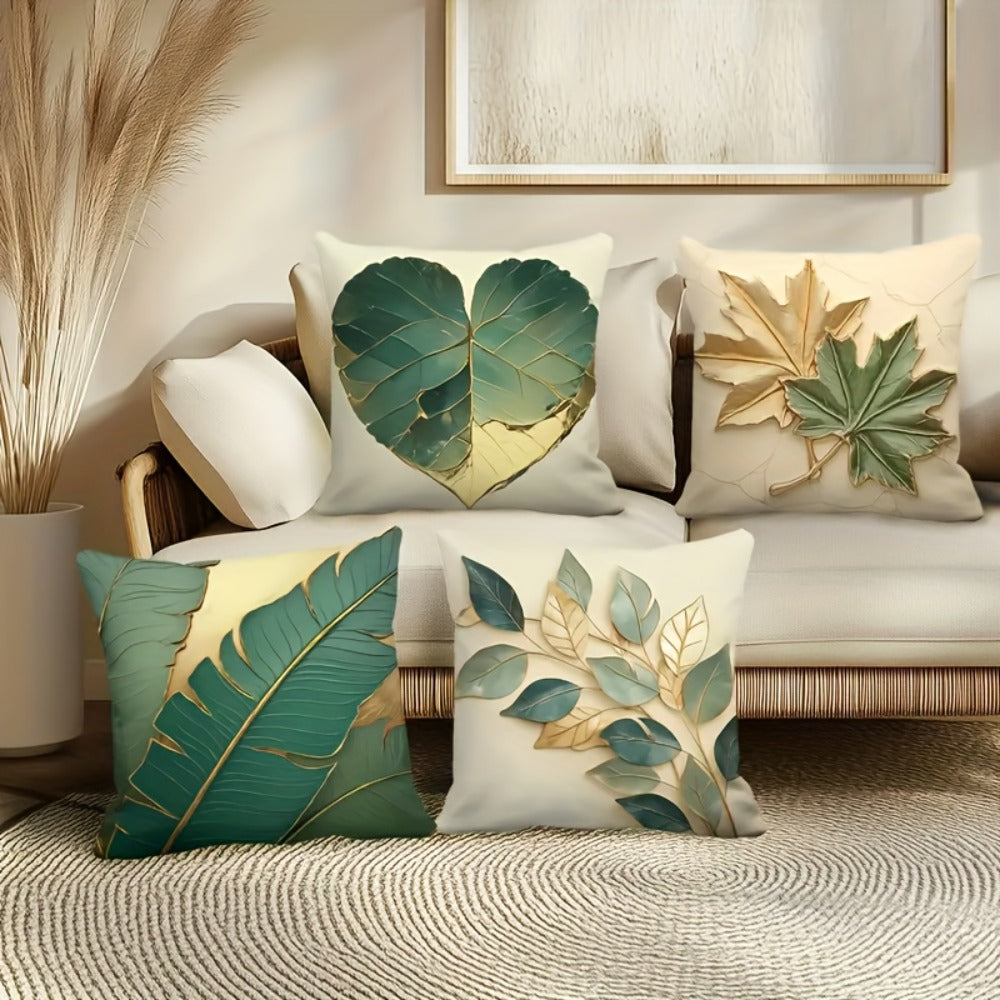 Green and Gold Leaf Throw Pillow Covers, Four-Piece 18 x 18-Inch Polyester Set with Zipper Openings