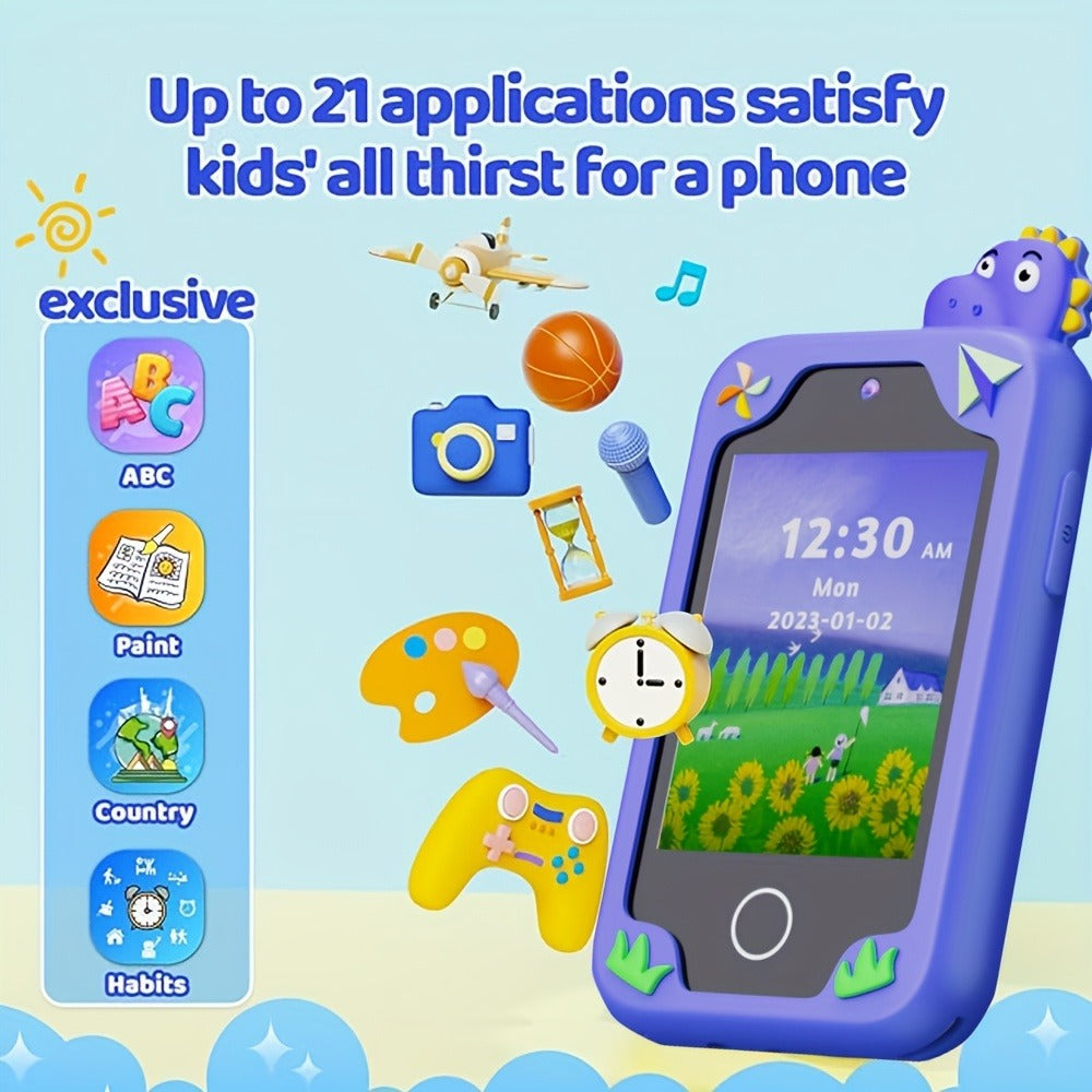 Kids Dinosaur Toy Phone with 8GB, HD Touchscreen & Dual Camera – Educational Travel Toy Cell Phone for Boys & Girls, Birthday Halloween Christmas Gift
