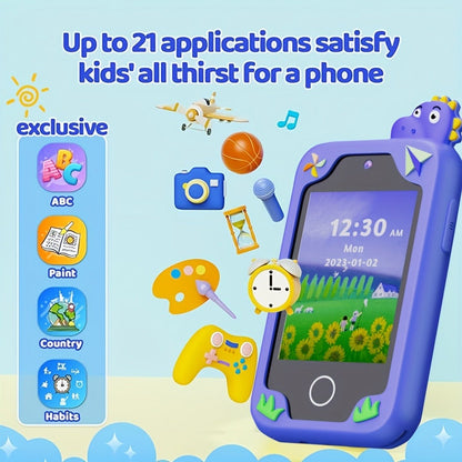 Kids Dinosaur Toy Phone with 8GB, HD Touchscreen & Dual Camera – Educational Travel Toy Cell Phone for Boys & Girls, Birthday Halloween Christmas Gift