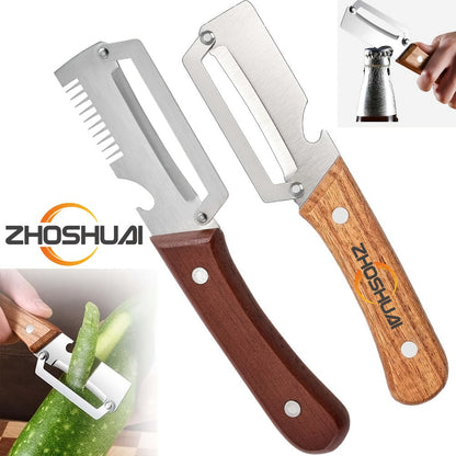 Two-Piece Zhoshuai Vegetable Peeler Set with Wood Handles, Scallion Comb and Bottle-Opening Cutout