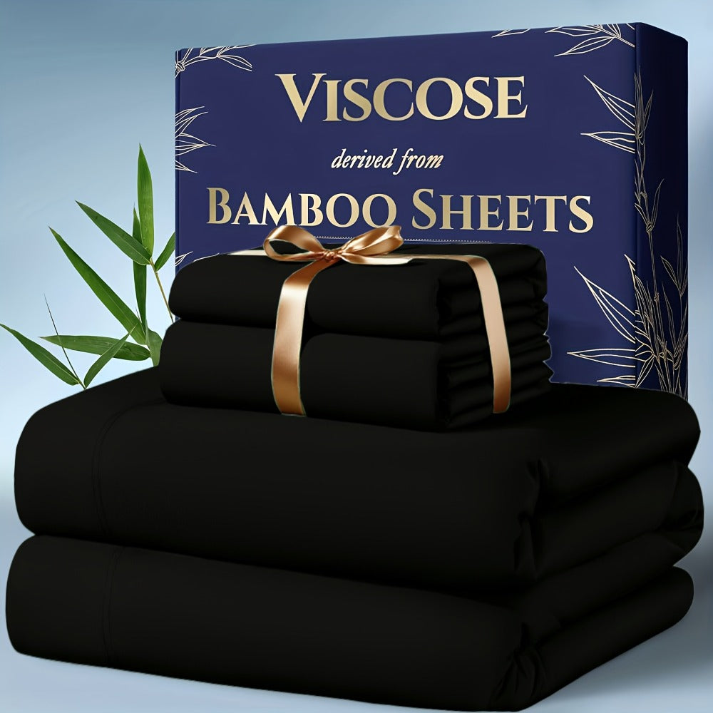 Viscose-from-Bamboo Four-Piece Sheet Set with Deep-Pocket Fitted Sheet, Twin to King Sizes and 12 Colors