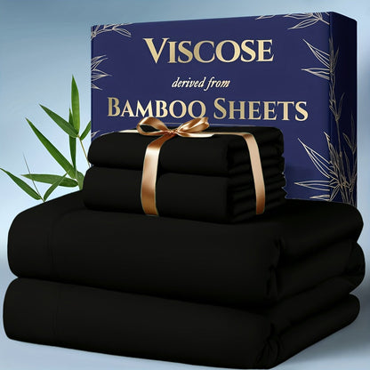 Viscose-from-Bamboo Four-Piece Sheet Set with Deep-Pocket Fitted Sheet, Twin to King Sizes and 12 Colors