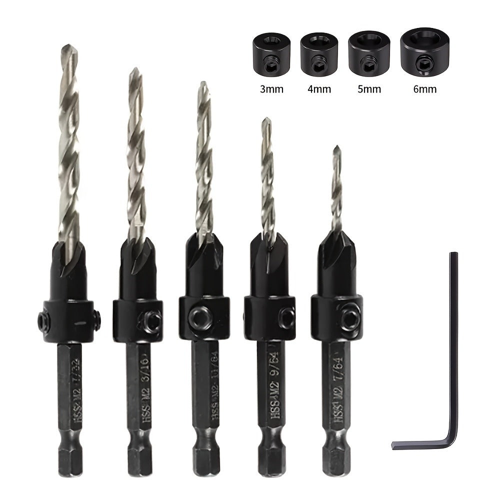 5pcs Countersink Drill Bit Set #4 #6 #8 #10 #12 Tapered with 1/4" Hex Shank Quick-Change – Adjustable Wood Counter Sinker Bits with Allen Wrench for Woodworking