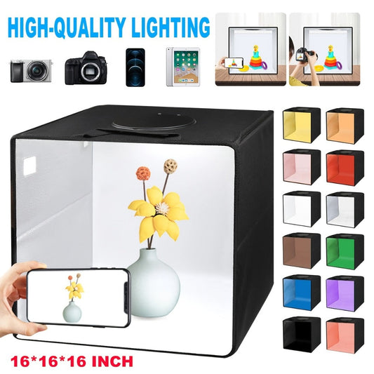 LED Photo Studio Light Box Folding Photography Shooting Tent with 12 Color Backdrops, Portable Product Photography Lightbox for Jewelry Cosmetics Figures, 16x16 & 12x12 Inch