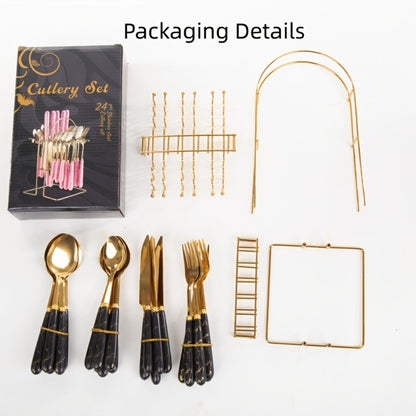 Stainless Steel Flatware Set 24pcs Marbled Handle Knives Forks Spoons with Gift Box & Storage Rack
