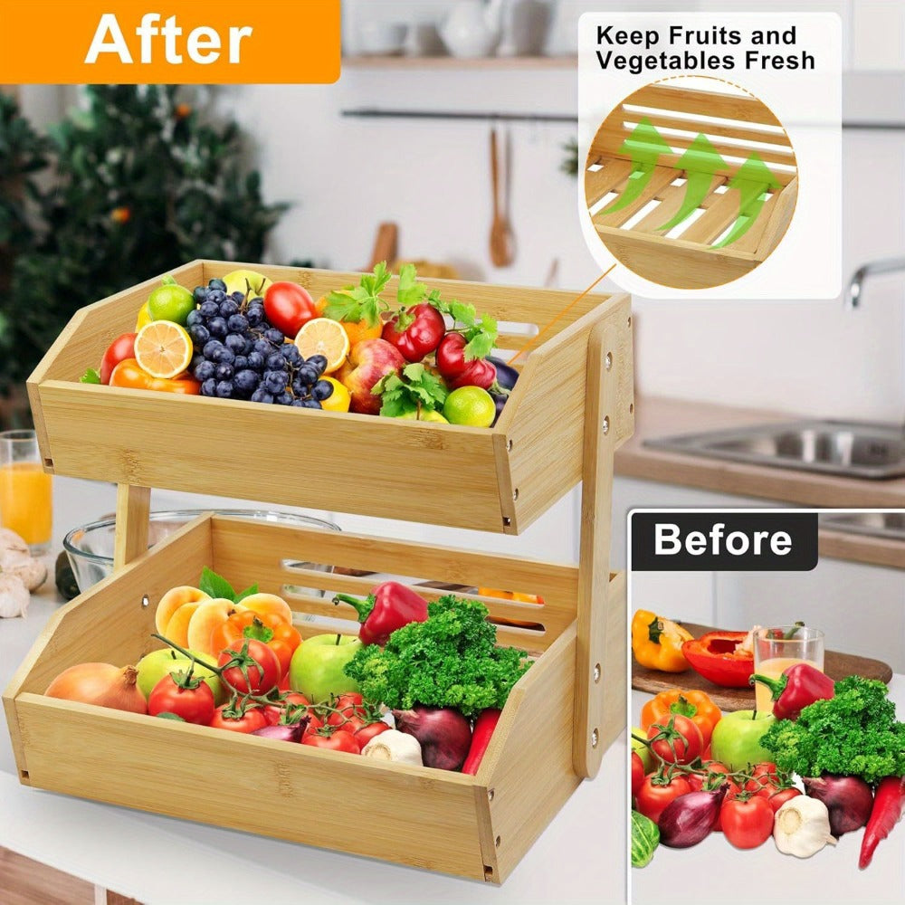 Fruit Rack Kitchen Organizer 2 or 3 Tier Natural Bamboo Freestanding Basket Shelf with Two Hooks