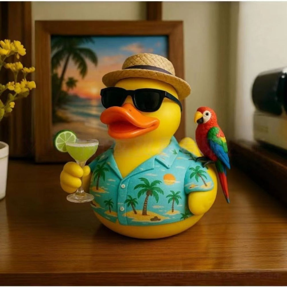 Beach-Style Duck Tabletop Figurine with Sunglasses, Straw Hat, Parrot and Tropical Shirt Details