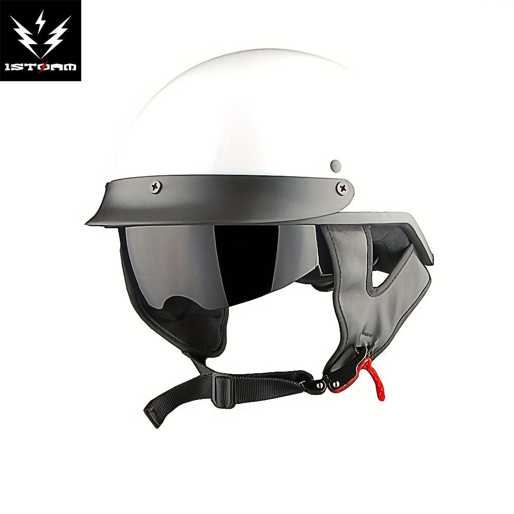 Motorcycle Half Face Helmet – Retractable Smoked Visor, Adjustable Inner Visor, Lightweight Aerodynamic Design, Goggle Compatible, Sizes S–XL