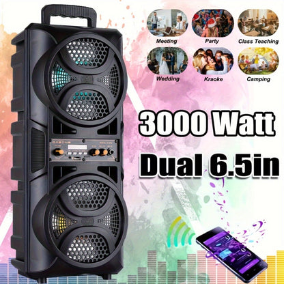 Portable Wireless PA Speaker System Dual 6.5" Subwoofer 3000W Bluetooth TWS Karaoke Outdoor Party Speaker with Microphone LED Light AUX USB FM Remote Control