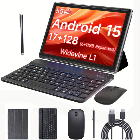PEICHENG Android 15 Tablet 10 Inch, 17GB RAM (6GB+11GB) 128GB ROM 1TB Expand, WiFi 6 Dual Band, IPS Touch Screen, Quad Core, Stylus Pen Included, Tablet PC for Study Gaming Streaming