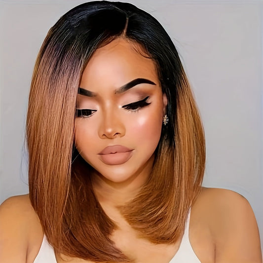 Synthetic Wig 13x2 U-Part Lace Front Straight Bob, 12-Inch Ombre Black-Brown for Daily Styling