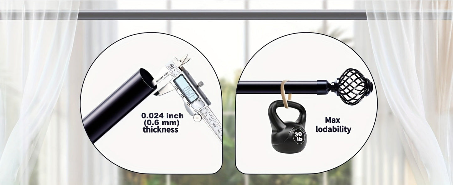 Black Adjustable Curtain Rod with Lattice Finials and Four Length Ranges from 18–32 to 34–152 Inches