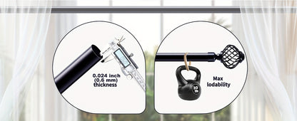 Black Adjustable Curtain Rod with Lattice Finials and Four Length Ranges from 18–32 to 34–152 Inches