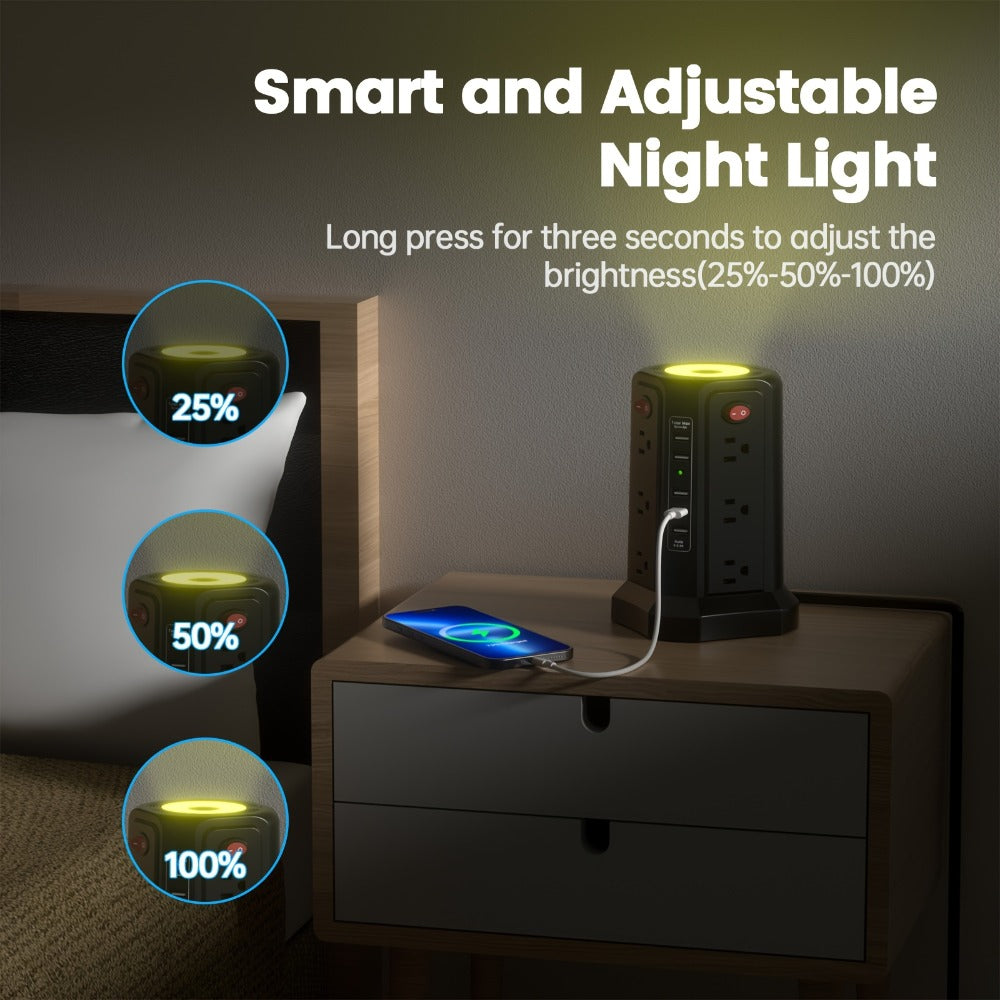 Night Light Power Tower Surge Protector 17-in-1, 12 AC Outlets & 5 USB Ports, 10.2ft Extension Cord, 4 Independent Switches, Overload Protection Charging Station for Home Office Dorm Room – White