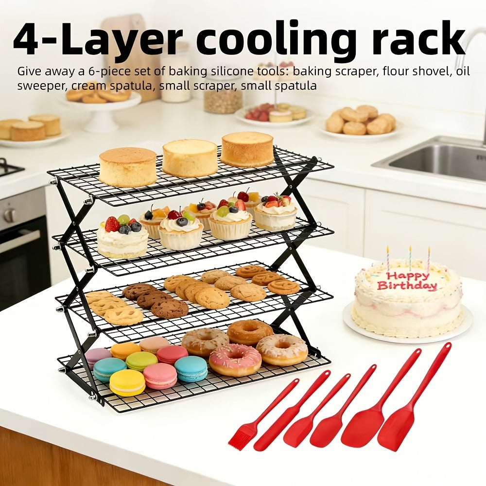 Foldable Cooling Rack Set – Stackable Oven Cookie Cake Drying Rack with Free Baking Tools (Silicone Spatula, Egg Beater, Tongs, Brush) | 3/4/5 Tier Options for Kitchen, Camping & Holiday Baking