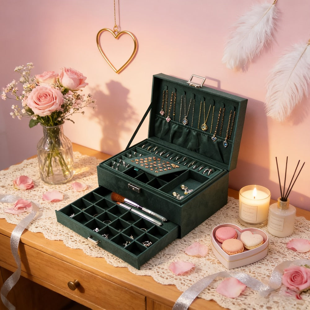 Jewelry Organizer Velvet-Lined Box with Key-Lock Closure and Drawers in Green, Pink or Black