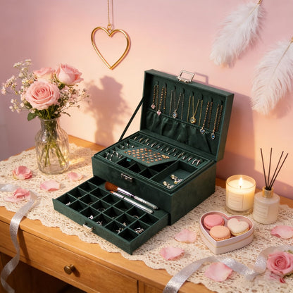 Jewelry Organizer Velvet-Lined Box with Key-Lock Closure and Drawers in Green, Pink or Black