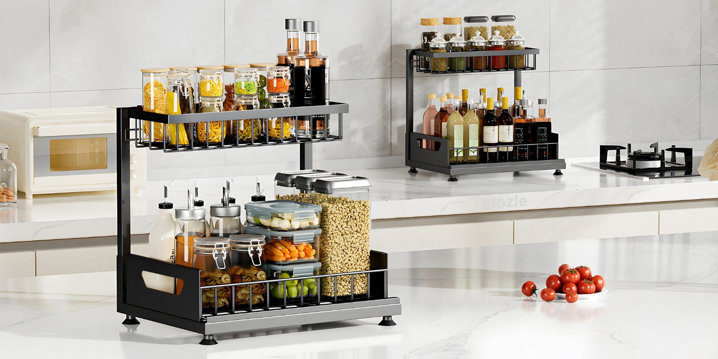 Two-Tier Pull-Out Cabinet Organizer with Upper and Lower Sliding Trays in Grey, Black or White Package Options