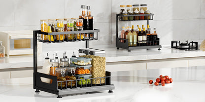 Two-Tier Pull-Out Cabinet Organizer with Upper and Lower Sliding Trays in Grey, Black or White Package Options