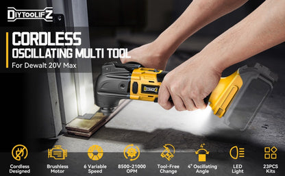 Oscillating Multi Tool Brushless Cordless Compatible with DeWalt 20V / 18V Battery – 21000 OPM Variable Speed, 4.5° Oscillating Angle, Anti-Vibration, Wood Cutting Blades & Sanding Pads (Battery Not Included)