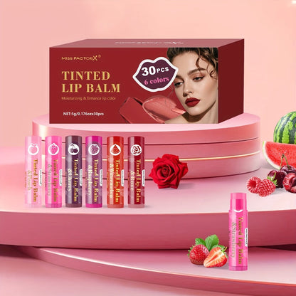Tinted Lip Balm Set 30 Pieces Moisturizing Lip Gloss Gift Collection Hydrating Sheer Color Luminous Shiny Finish Bulk Lip Care Set for Women Daily Wear Birthday Holiday Bridal Gifting
