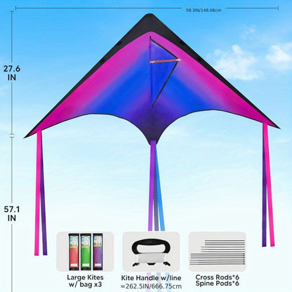 Large Delta Kite 3 Pack for Kids & Adults, Gradient Easy-to-Fly Kites with 58-Inch Wingspan & 262.5 Ft String