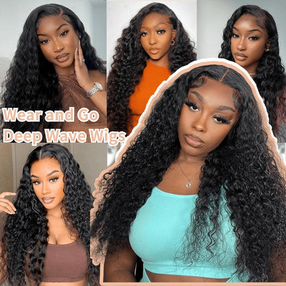 Lace Front Wig Deep-Wave Human Hair, 14-Inch Natural Black with 250% Density and Pre-Cut Buckle Cap