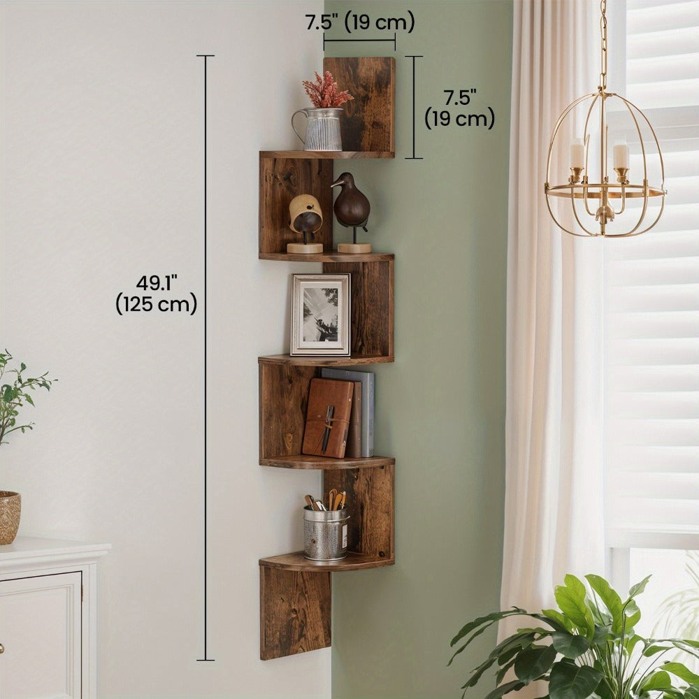 Corner Floating Shelf 5-Tier Wall Mount, Space Saving Storage Rack for Bedroom Living Room, Radial Display Organizer, Easy Install, 7.9"×7.9"×49.6", Black White Brown Greige Beige