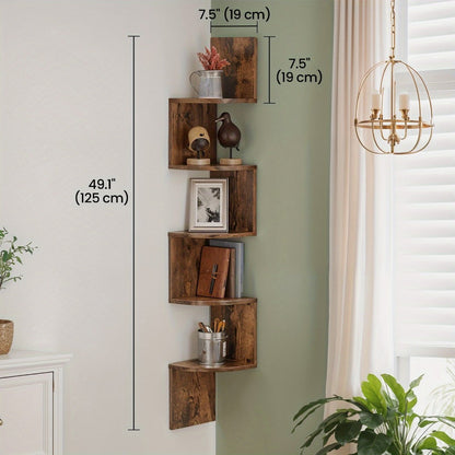 Corner Floating Shelf 5-Tier Wall Mount, Space Saving Storage Rack for Bedroom Living Room, Radial Display Organizer, Easy Install, 7.9"×7.9"×49.6", Black White Brown Greige Beige