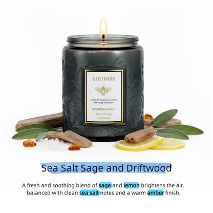 Single-Wick Relief Glass Jar Candle with Seven Scent Labels, Crystal-Style Detail and Boxed Presentation