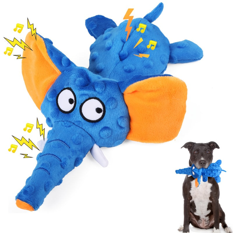 Unstuffed Elephant Squeaky Dog Toy with Crinkle Fabric in Blue or Blue-and-Purple Checkout Options