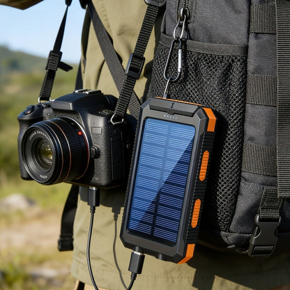 Solar Power Bank, 29800mAh Dual-USB 5V Charger with Solar Panel, Dual LED Flashlight, Compass and Eight Color Options
