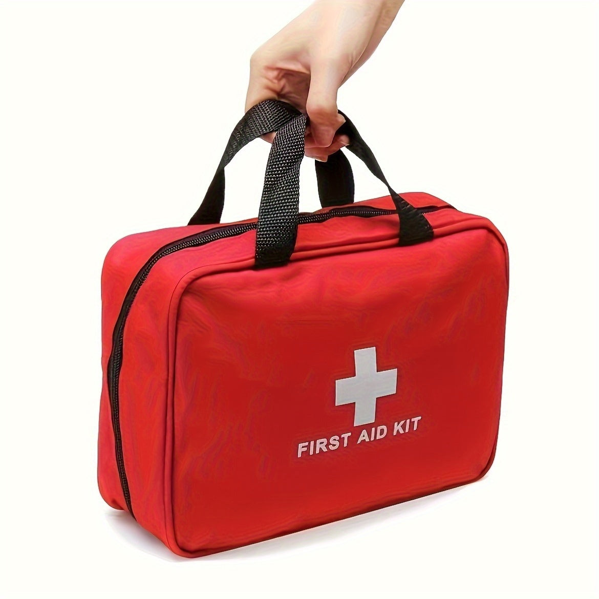152-Piece First Aid Supply Kit in Compact Red Handled Bag with Pictured Packets and Small Tools