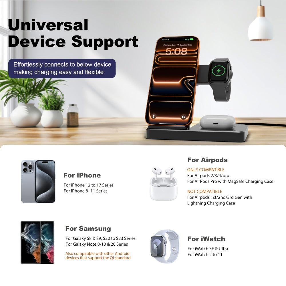 Wireless Charging Station, Foldable 3-in-1 15W Portrait-Landscape Stand with Four Black or White Adapter Options
