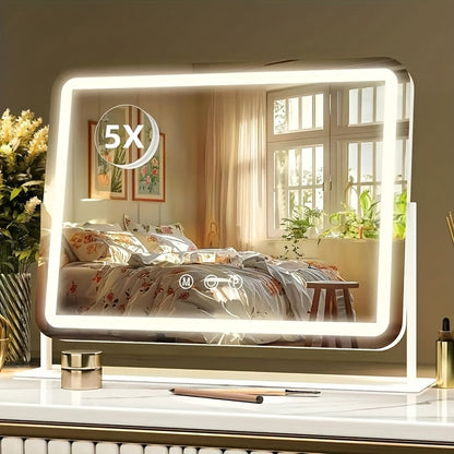 Makeup Mirror Rectangular LED Vanity Stand with 5X Detail Mirror, Three Light Colors, Touch Dimming and 360° Rotation