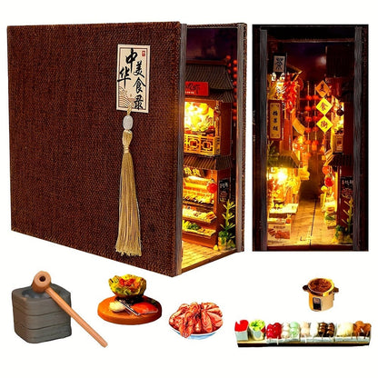 Chinese Food Street Book Nook Kit with LED-Lit Miniature Shops, Sliding Dust Cover and Wooden Shelf Insert