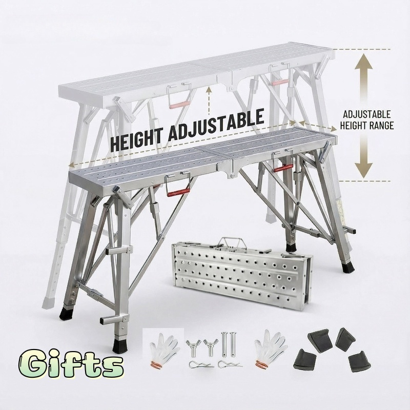 Aluminum Work Platform Height Adjustable Folding Portable Scaffold Bench Wide Base Safety Railing for Home Renovation RV Cleaning Window Painting 3 Sizes