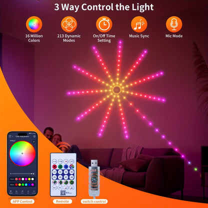 RGB Firework LED Light Strip Wall Array with Central Hub, Radiating Branches, App and Infrared Remote