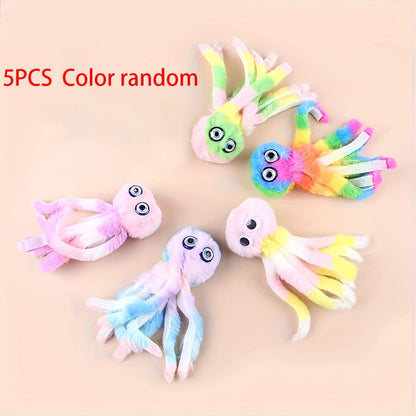 Cat Toy Octopus Plush 5-Pack in Random Colors with Long Tentacles and Teaser-Wand Hanging Loops